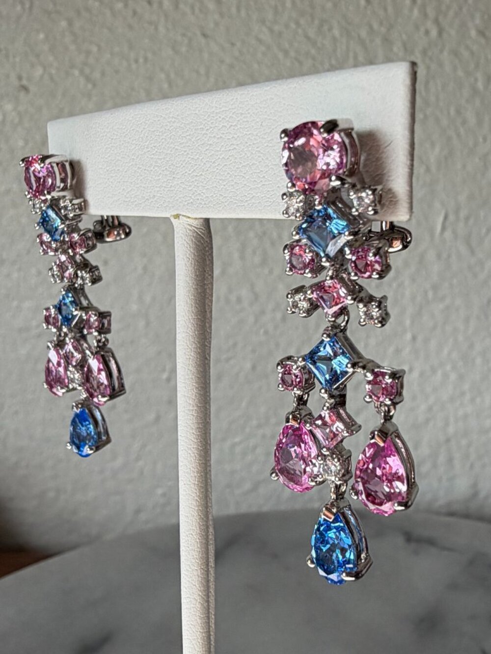 Sterling 925 Multi-Color Simulated Pink & Blue Sapphire Princess Earrings